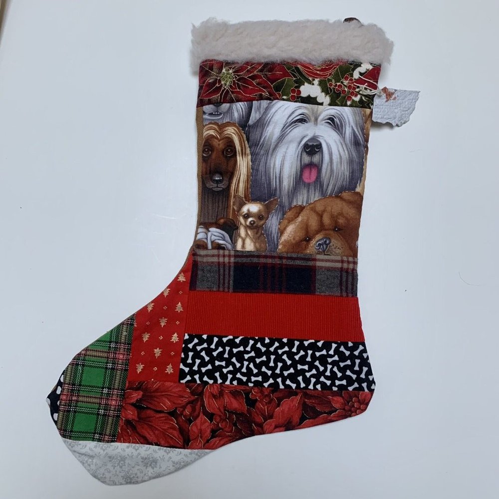 Christmas Stocking Quilted Patchwork Fabric Dog Puppies ‎ NEW 15” Handmade